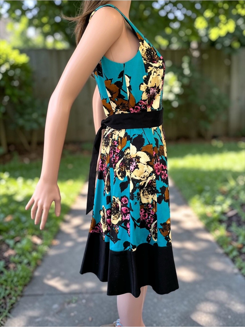 Nine West Teal Floral Fit & Flare Dress Size 6 Belted Cotton Stretch Y2K - Picture 5 of 10
